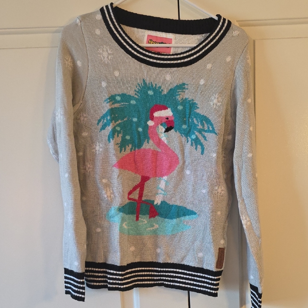 Tipsy Elves Flamingo Sweater - Gray and Pink